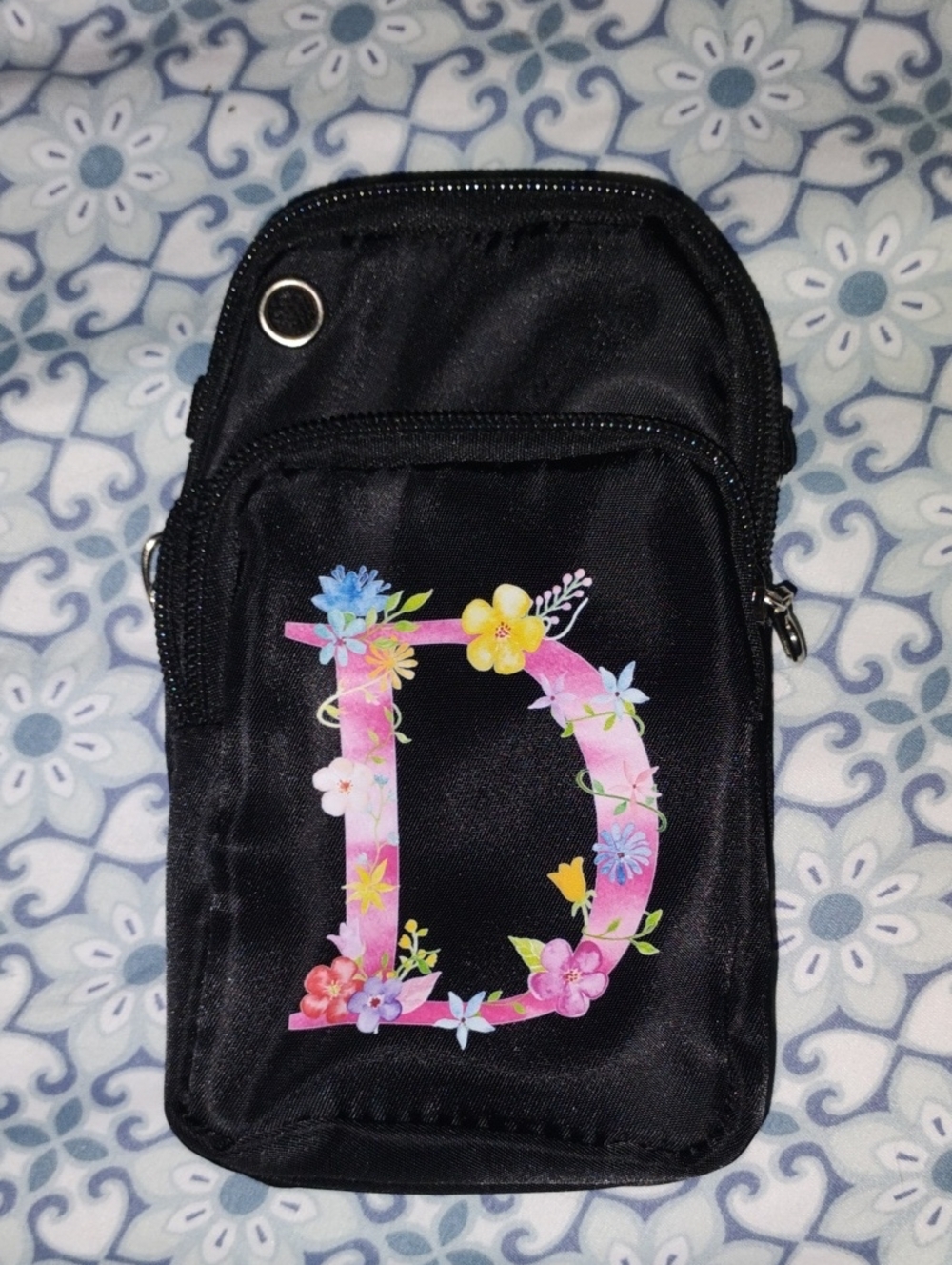 Black Floral 'D' Crossbody Pouch With Strap